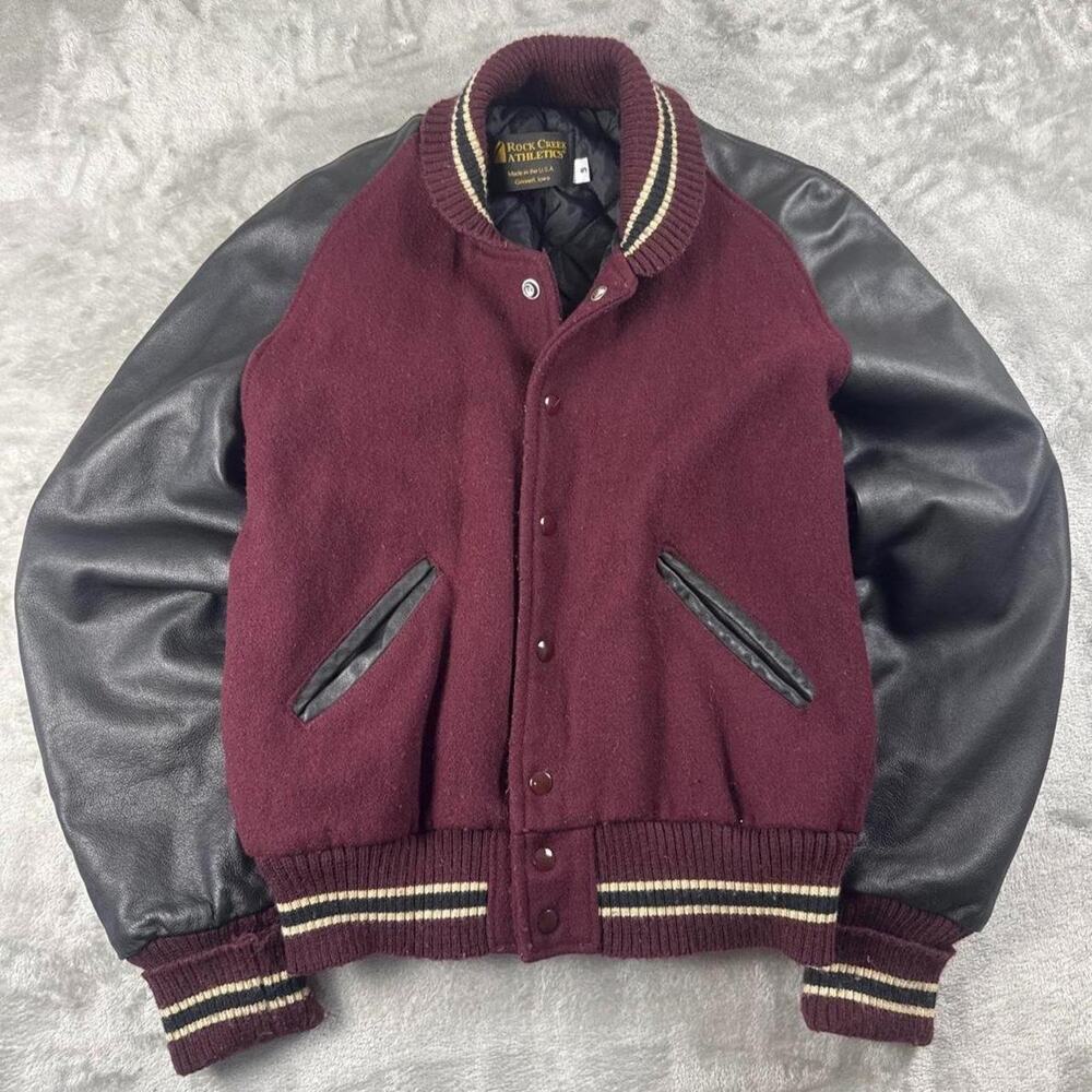 Vintage 90s Rock Creek Athletics Varsity Jacket Mens S Burgundy Leather Sleeve